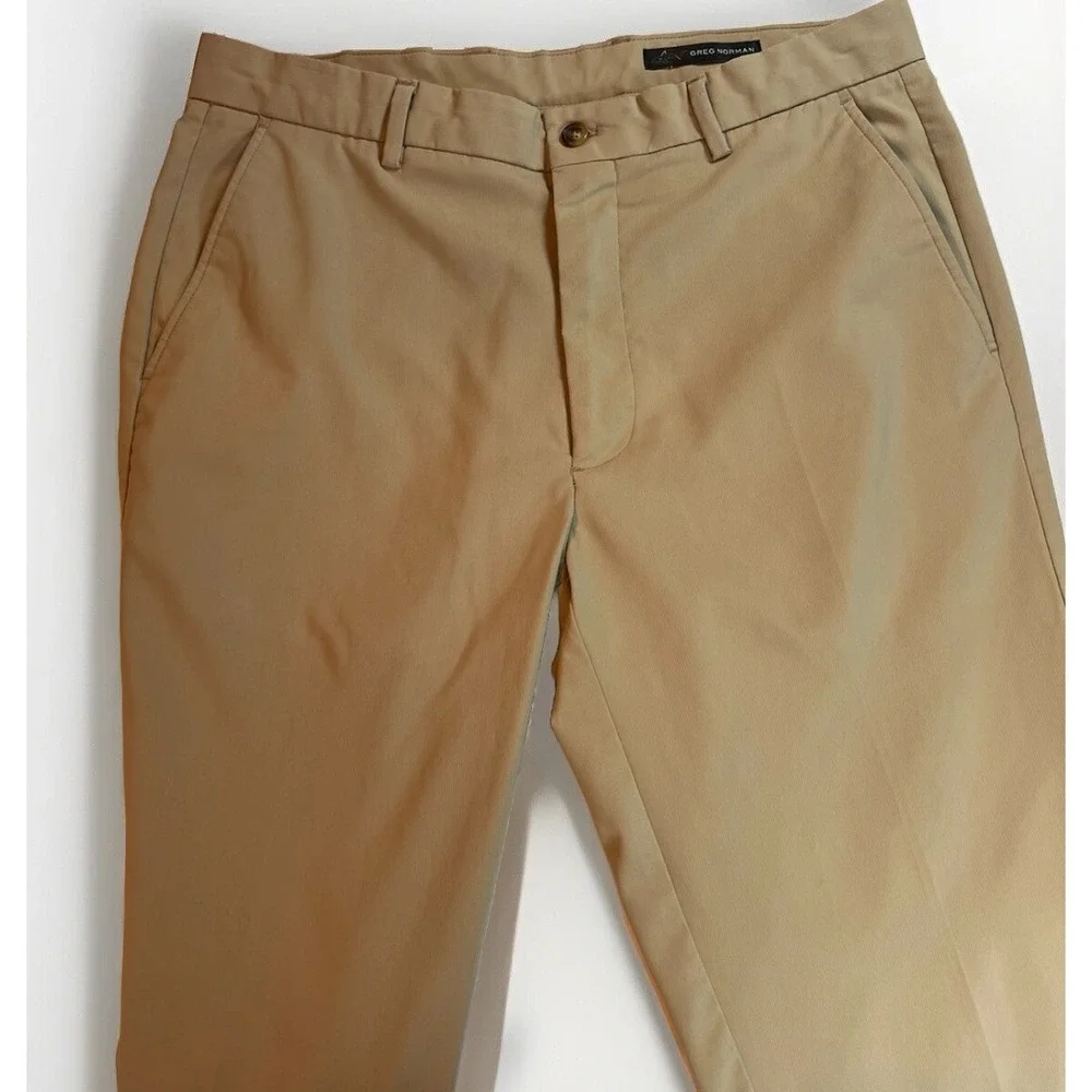 Greg Norman Mens Golf Pants 32x28 Khaki Tan Stretch Performance Flat Front Chino